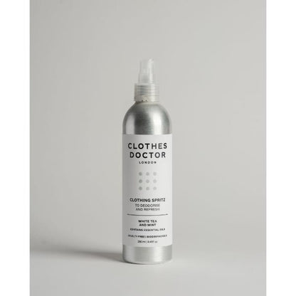 Clothes Doctor Clothing Spritz in an aluminium bottle with spray top on a grey background