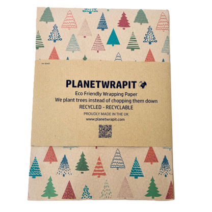 Handmade wrapping paper in Colourful Christmas Trees design (brown kraft background with colourful Christmas trees in a hand-drawn style) with paper wrapper