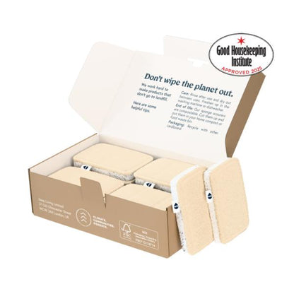 Cardboard box of 12 compostable eco sponges, shown open with sponges inside, with Good Housekeeping Institute approved logo on a white background