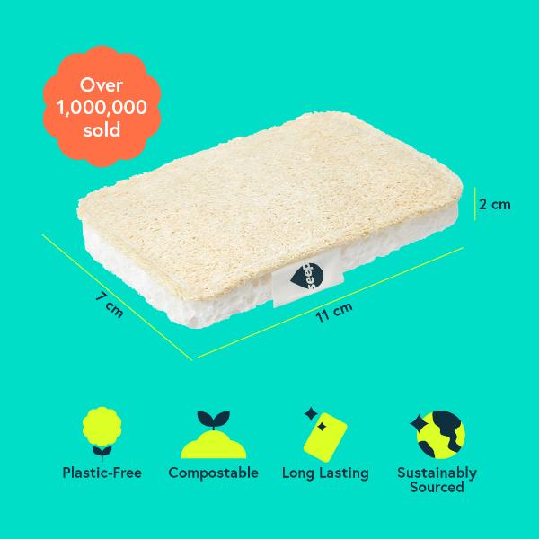 Compostable eco sponge with dimensions and sustainability features on a teal background