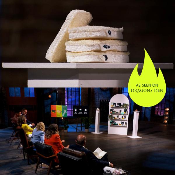Stack of compostable eco sponges alongside a visual and label 'As seen on Dragons' Den'.