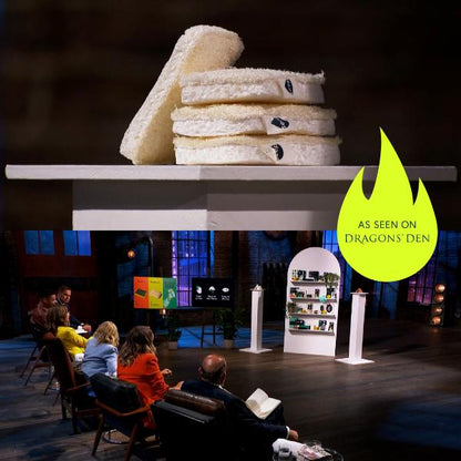 Stack of compostable eco sponges alongside a visual and label 'As seen on Dragons' Den'.