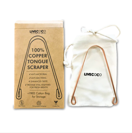Copper tongue scraper with cardboard packaging and storage bag on a white background