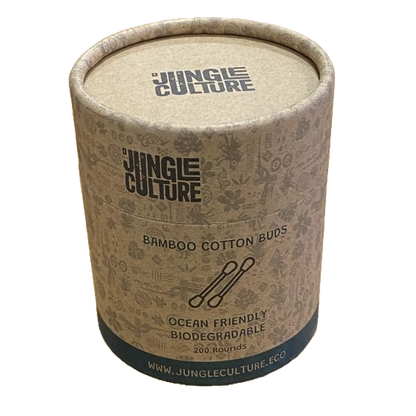 Set of 200 bamboo cotton buds from Jungle Culture in a white box, eco-friendly wooden sticks for personal care and hygiene.