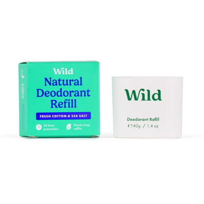 Deodorant refill alongside its cardboard packaging (fresh cotton and seasalt)