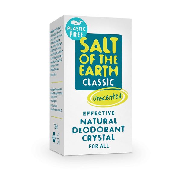 Salt of the Earth crystal deodorant, shown in its cardboard box, close up