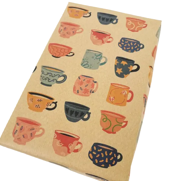 Eco-friendly wrapping paper from PlanetWrapit, brown kraft paper with little colourful cups of tea