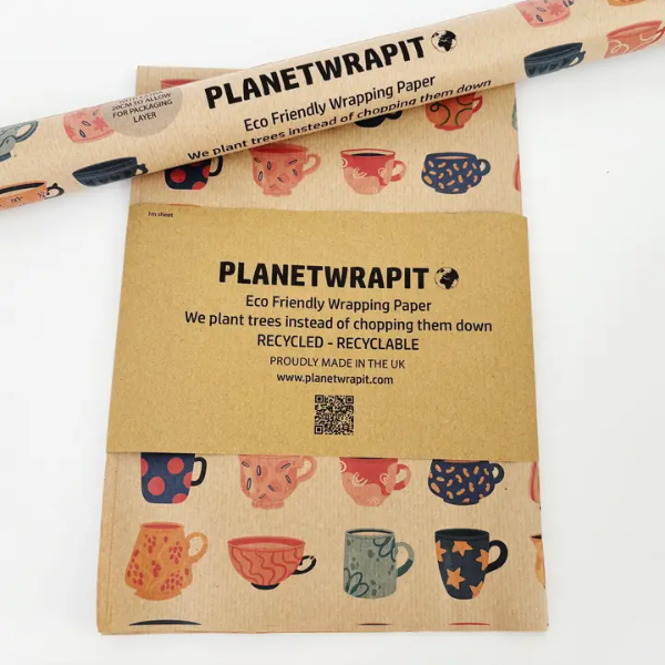 Eco-friendly wrapping paper from PlanetWrapit, brown kraft paper with little colourful cups of tea