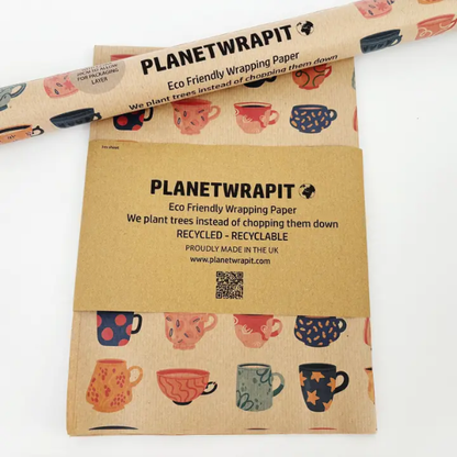 Eco-friendly wrapping paper from PlanetWrapit, brown kraft paper with little colourful cups of tea