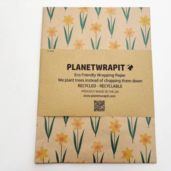 Planetwrapit eco-friendly wrapping paper with daffodil design on brown kraft paper