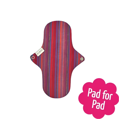 Eco Femme reusable day period pad vibrant showing back of pad with purple and red stripes