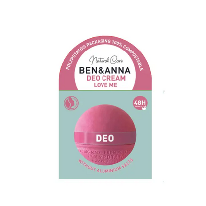 Natural deodorant cream in potato based packaging, a pink sphere shown in cardboard packaging