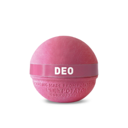 Natural deodorant cream in potato based packaging, a pink sphere with lid on