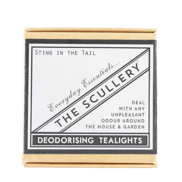 Cardboard box containing deodorising tealights with label reading "Deal with any unpleasant odour around the house and garden"
