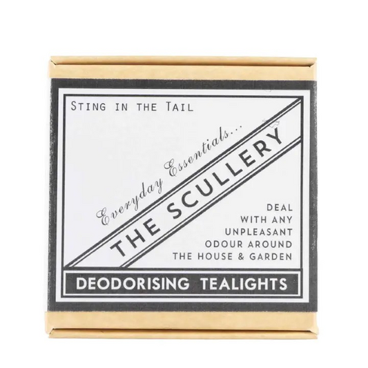 Cardboard box containing deodorising tealights with label reading "Deal with any unpleasant odour around the house and garden"