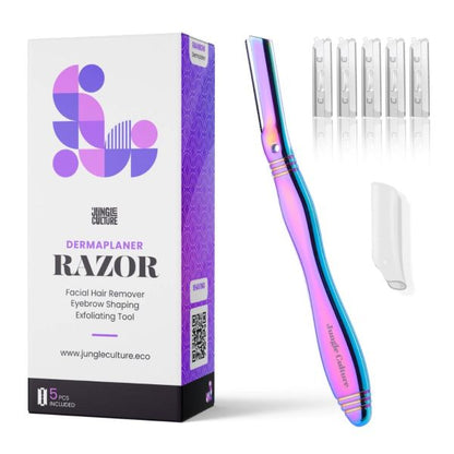 Jungle Culture dermaplaner with replaceable blades for precise hair removal, featuring a sleek handle and sharp blade edge.