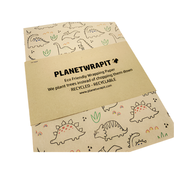 Eco-friendly recyclable wrapping paper in dinosaurs design (brown paper with colourful dinosaurs)