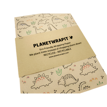 Eco-friendly recyclable wrapping paper in dinosaurs design (brown paper with colourful dinosaurs)