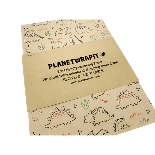 Eco-friendly recyclable wrapping paper in dinosaurs design (brown paper with colourful dinosaurs)