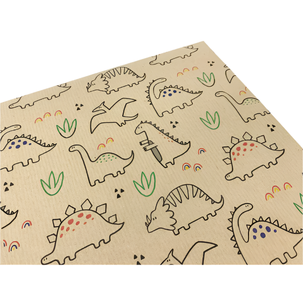 Eco-friendly recyclable wrapping paper in dinosaurs design (brown paper with colourful dinosaurs)