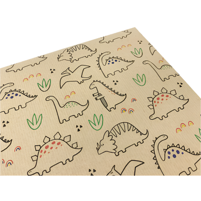 Eco-friendly recyclable wrapping paper in dinosaurs design (brown paper with colourful dinosaurs)