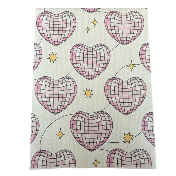 Disco hearts wrapping paper - brown kraft paper with pink disco ball patterned love hearts