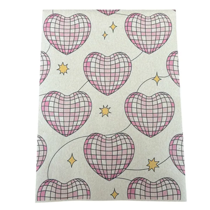 Disco hearts wrapping paper - brown kraft paper with pink disco ball patterned love hearts