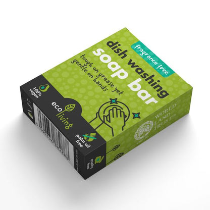 EcoLiving fragrance-free dish soap bar for cleaning, shown with a natural sponge, ideal for eco-friendly kitchen dishwashing.