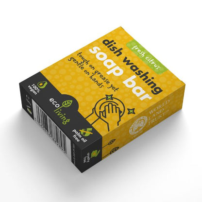 EcoLiving dish soap bar with fresh citrus scent, designed for cleaning dishes and kitchen surfaces.