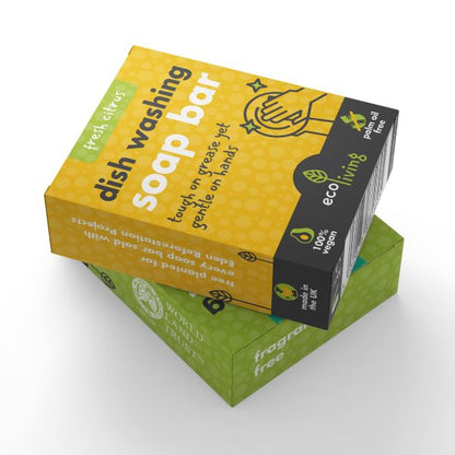 EcoLiving dish soap bar with two cleaning sponge bars, eco-friendly and biodegradable for kitchen dishwashing.
