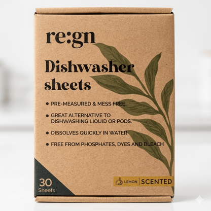 Cardboard box of Re:gn dishwasher sheets on a white background
