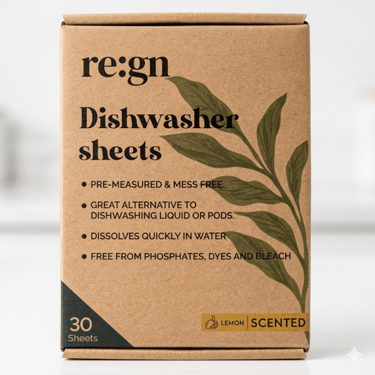Cardboard box of Re:gn dishwasher sheets on a white background