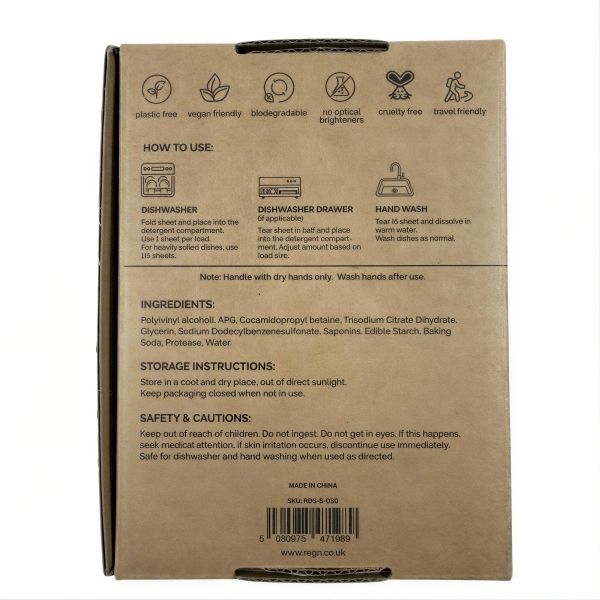 Back of a Re:gn dishwasher sheets cardboard box on a white background
