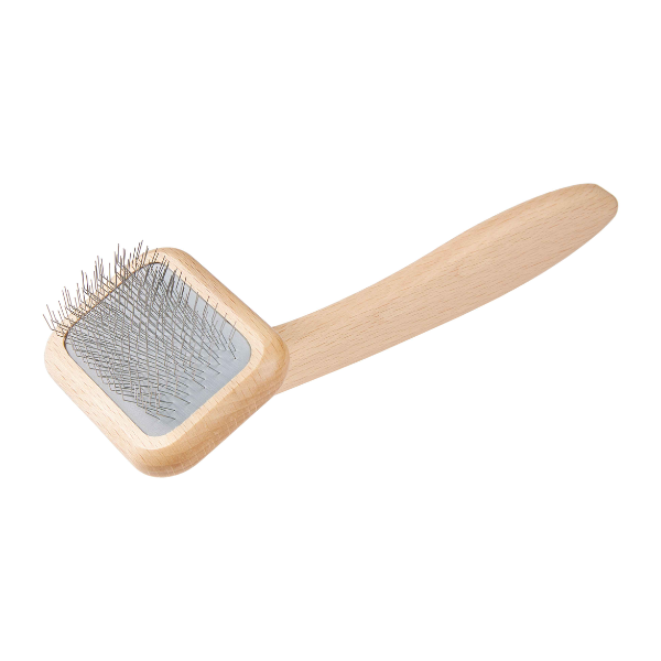 Slicker dog grooming brush with wooden handle and metal bristles