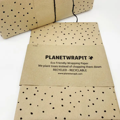 Eco-friendly wrapping paper from PlanetWrapit, brown kraft paper with little black dots shown alongside a wrapped parcel
