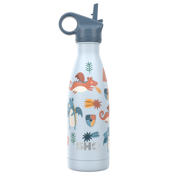 Kid's insulated bottle from SHO in Dragons (pale blue background with colourful dragons) with blue straw lid