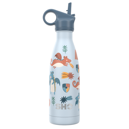 Kid's insulated bottle from SHO in Dragons (pale blue background with colourful dragons) with blue straw lid