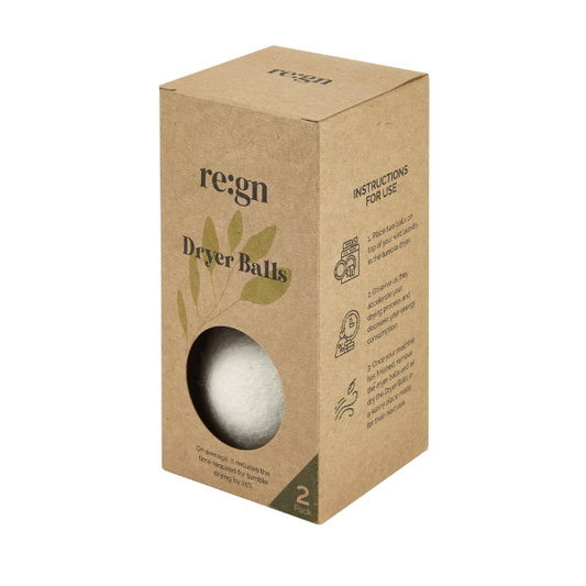 Re:gn organic wool dryer balls in cardboard packaging on a white background