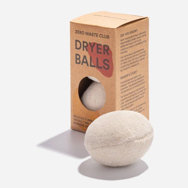 Dryer balls in cardboard packaging box with one ball shown alongside on a white background