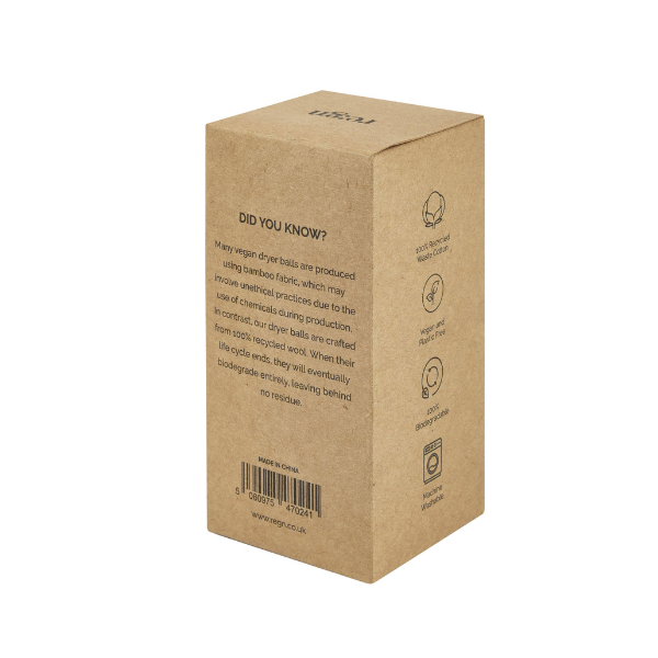 Re:gn organic wool dryer balls in cardboard packaging showing back of package on a white background