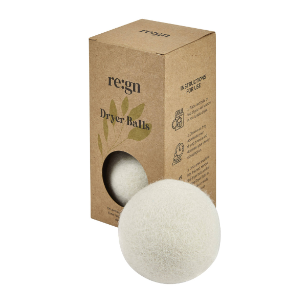 Re:gn organic wool dryer balls in cardboard packaging on a white background, showing one ball alongside