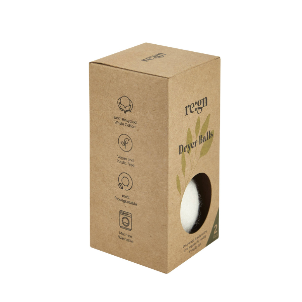 Re:gn organic wool dryer balls in cardboard packaging shown side on, on a white background