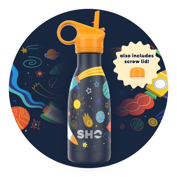 Kid's insulated bottle from SHO in Space design (black background with colourful space images, orange straw lid and orange screw lid)