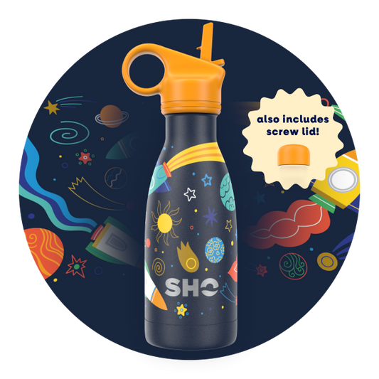 Kid's insulated bottle from SHO in Space design (black background with colourful space images, orange straw lid and orange screw lid)