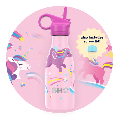 Kid's insulated bottle from SHO in Unicorn design (pink background with colourful unicorns and rainbows, pink straw lid and blue screw lid)