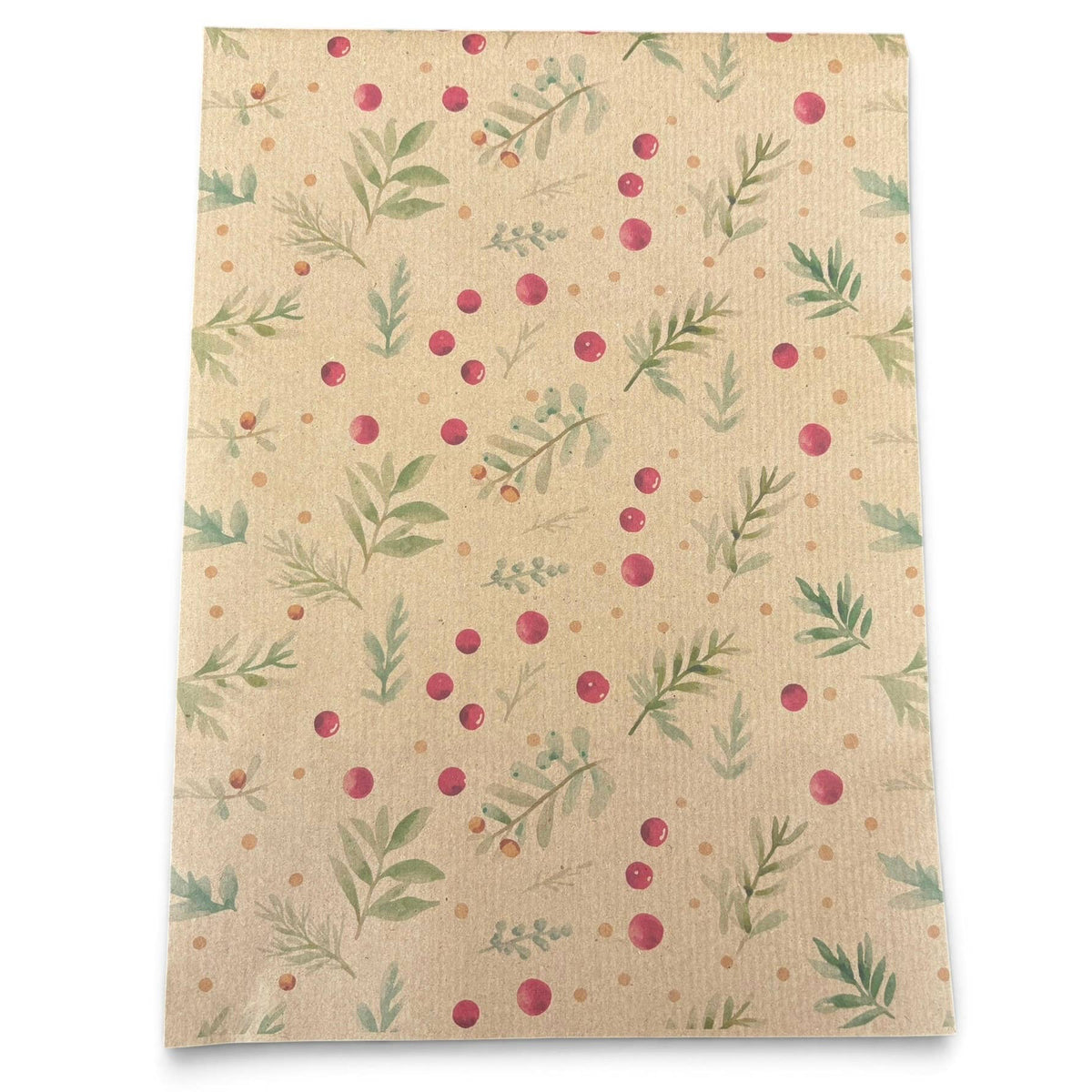 Planetwrapit Eco Friendly Wrapping Paper, a natural kraft paper texture with a pattern of green leaves and red berries.