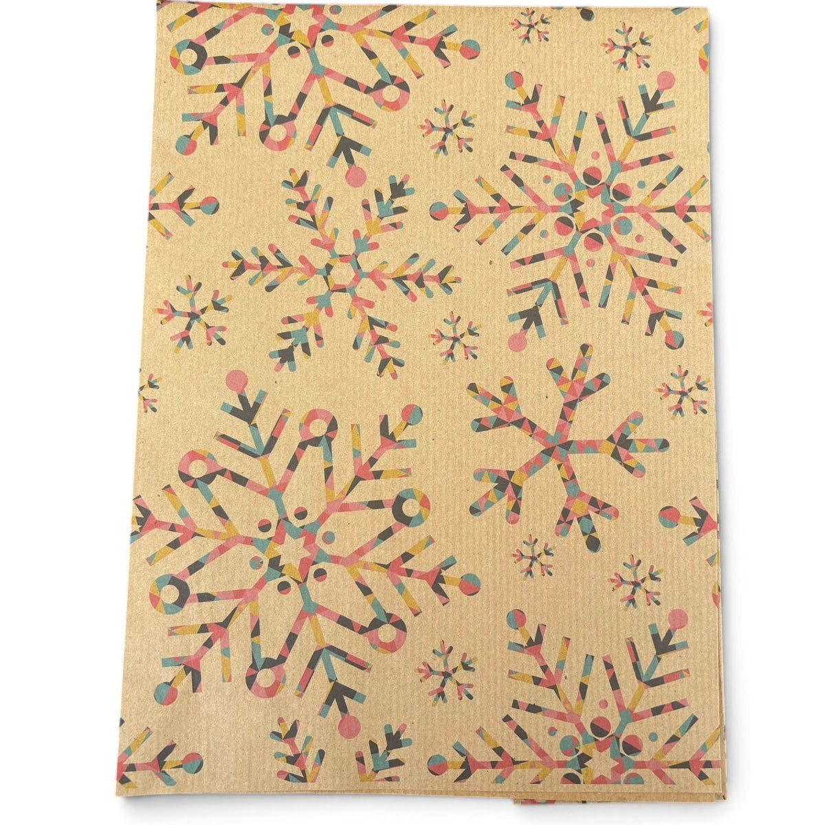Planetwrapit eco-friendly wrapping paper, featuring colourful snowflake patterns on a brown background.