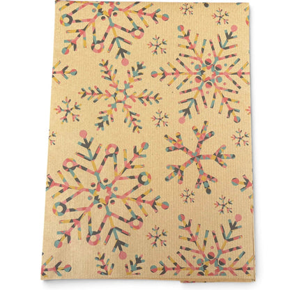 Planetwrapit eco-friendly wrapping paper, featuring colourful snowflake patterns on a brown background.