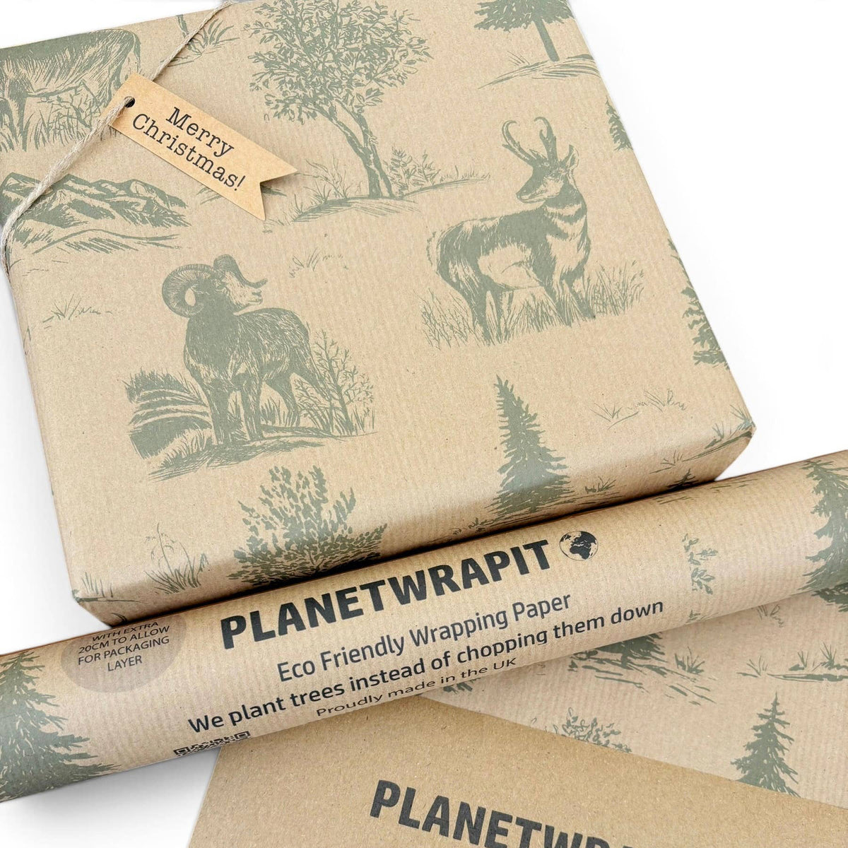 Planetwrapt Eco Friendly Wrapping Paper wrapped around a gift, featuring a woodland theme with illustrations of a ram and a deer in muted green on a natural kraft paper background.
