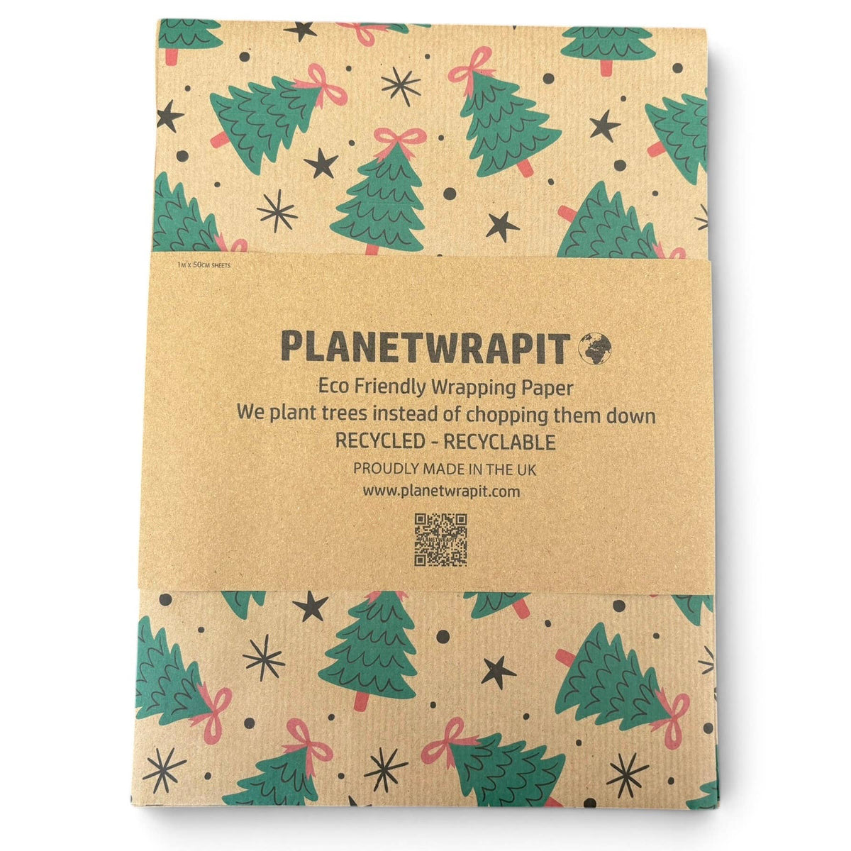 Planetwrap eco-friendly wrapping paper in a kraft paper style with a green Christmas tree pattern and a central brown paper band featuring the brand name and product details.